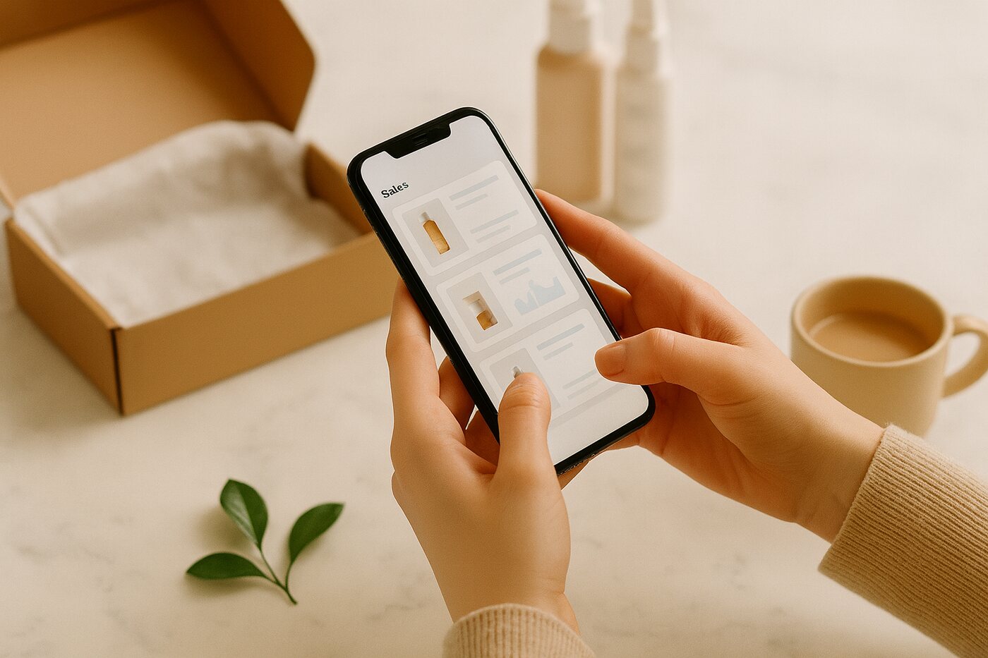 A brand owner checking her sales dashboard on a phone